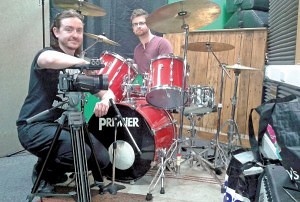 Andy Watson of MiniMatt with Ashley Haycock on drums inside their recording studio
