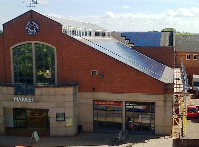 solar panels on market roof - aerial photograph
